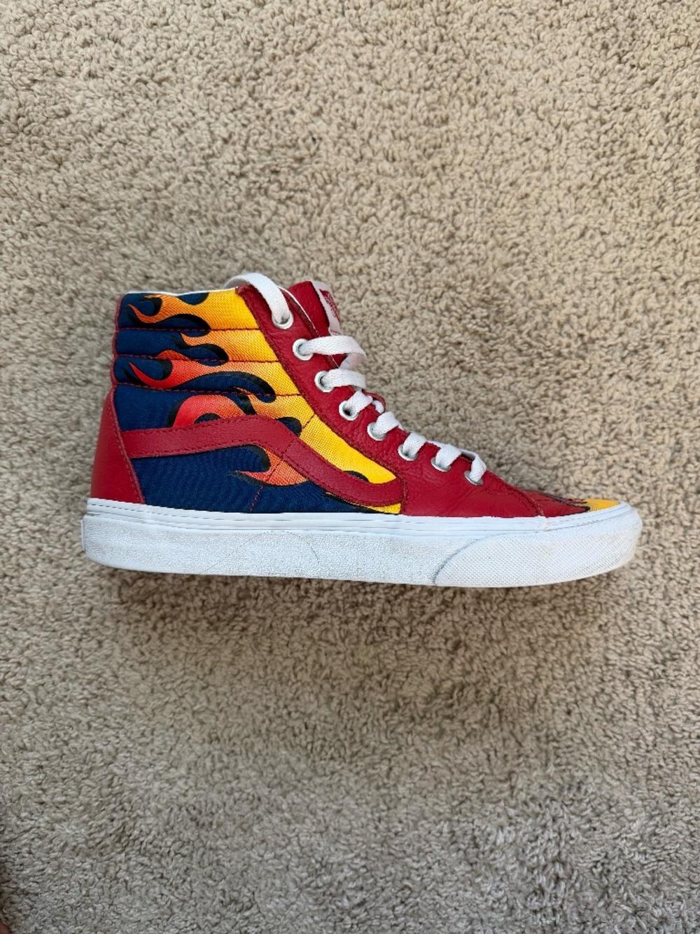 Vans Sk8-Hi Flame Red Leather High Top Sneakers Mens 7.5 Womens 9 Blue Fire